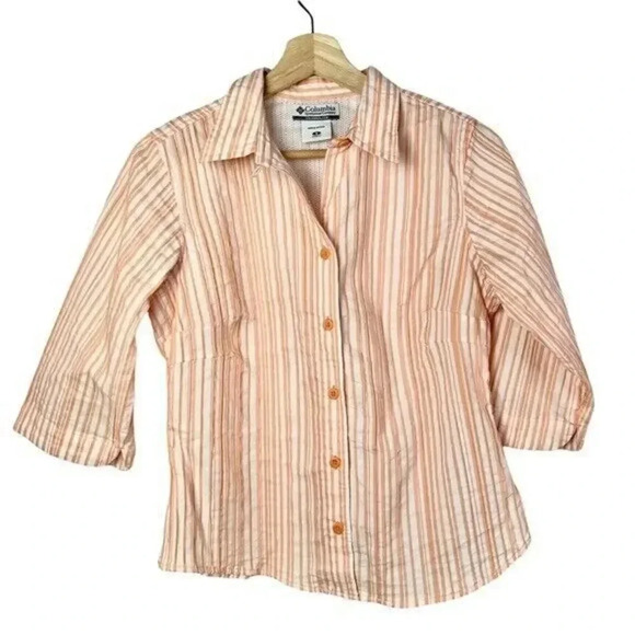 Columbia Orange & White Stripe 3/4 Sleeve Button Down S - Picture 1 of 3